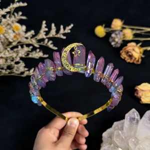 Natural crystal crown headband with gold wire, moon and star charms, magical hair accessory.