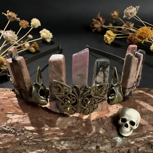 Gothic crystal crown headband with natural stone pillars, butterfly and skull metal accents for photos.
