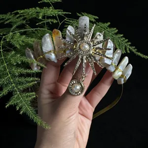Natural crystal crown headband sun goddess golden sunburst tiara festival hair accessories for women