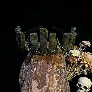 Gothic natural labradorite crystal crown headband with vintage raven skull wire wrapped.