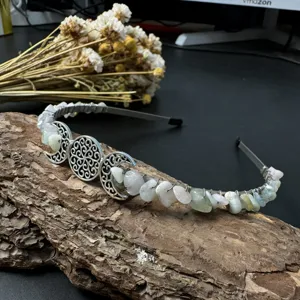 Handmade crystal chip crescent moon crown headband detail, unique pagan festival hair accessory.