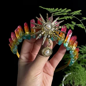 Rainbow crystal crown headband sun goddess tiara festival hair accessories for women