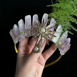 Natural crystal crown headband with sun goddess accessory, fashion women photo prop.