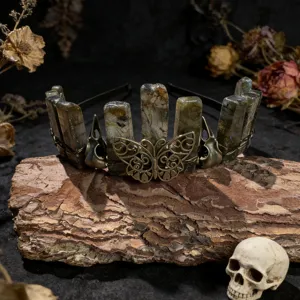 Gothic natural crystal tiara headband with vintage butterfly and skull accessories for women photo