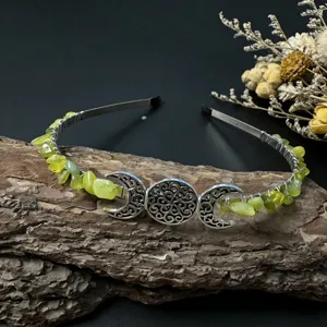 Crystal chip moon headband detail, handmade silver wire wrapped green stone hair accessory.