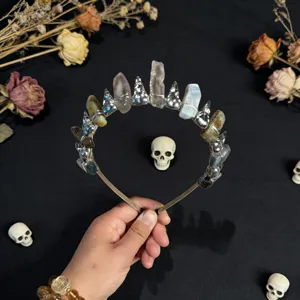 Detailed view of handmade crystal crown headband, gothic style dark accessory for women.