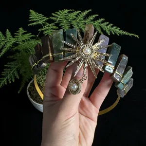 Natural crystal crown headband with sun goddess charm, elegant fashion women hair jewelry gift.