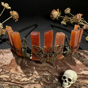 Gothic natural crystal crown headband with metal butterfly and raven skull for photo