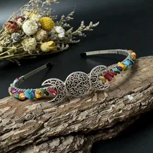 Natural crystal moon chip headband, handmade gemstone tiara for festival and wedding detail.