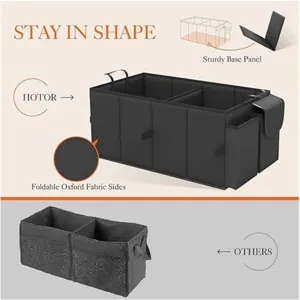 Collapsible car trunk organizer with sturdy base panel, durable oxford fabric material.