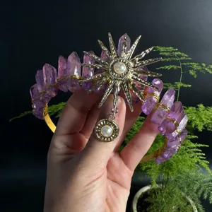 Crystal crown headband with purple quartz sun goddess festival hair accessories for women.