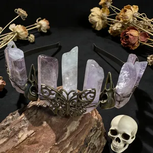 Natural crystal crown headband gothic crystal tiara with butterfly and skull for party photo