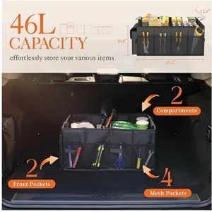 Large capacity foldable car trunk organizer with multiple pockets and 46L storage space.