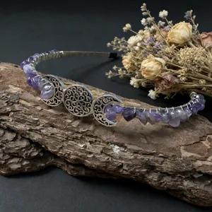 Handmade crystal tiara headband with natural amethyst stones and silver crescent moon.