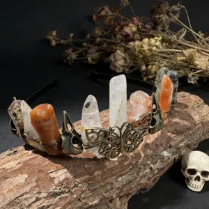 Gothic Natural Crystal Tiara Crown Headband with Butterfly and Skull Halloween Hair Accessories