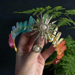 Handcrafted rainbow crystal crown headband with a golden sun goddess motif for women.