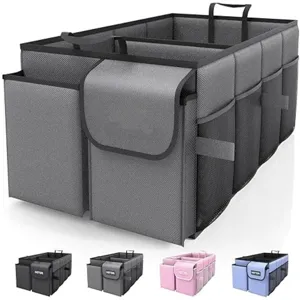 Foldable car trunk organizer with multiple compartments and convenient side mesh pockets.