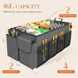 Large collapsible car trunk organizer with 46L capacity, multiple compartments, and durable pockets.