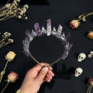 Gothic natural amethyst crystal tiara headband with silver skull charms for women party.