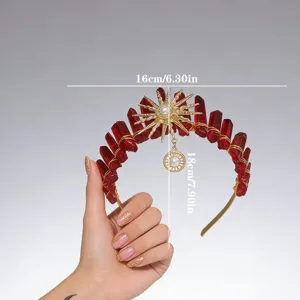 Red crystal crown headband with sun goddess design, perfect for women's fashion and parties.