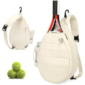 White quilted tennis racket backpack with large capacity, shoulder strap and side mesh pocket.