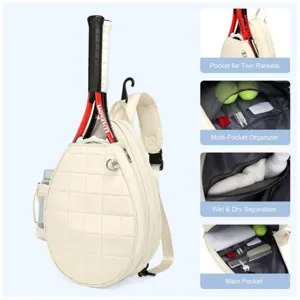 Detail view of tennis racket backpack showing dual racket pocket and multi-pocket organizer.