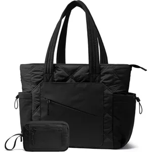 Bolso tote acolchado negro y estuche set, bolso de hombro de viaje ligero de nailon.
