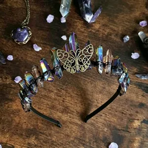 Natural Crystal Crown Headband Zinc Alloy Butterfly Moon Tiara Handmade Gothic Magic Witch Hair Band For Festival Party Photo Props Women Jewelry