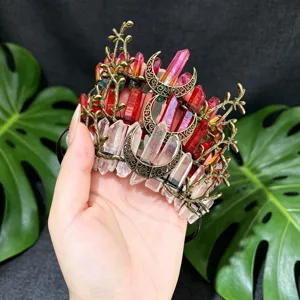 Crystal crown detail showing natural quartz points, metal crescent moons, and branches.