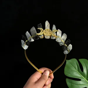 Diadème serre-tête en cristal naturel avec accessoires dorés triple lune pour femmes photo