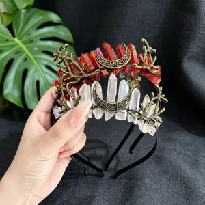 Gothic crystal tiara headband with red and white quartz stones and moon motifs for women.