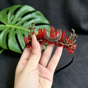 Red Crystal Crescent Moon Tiara Headband Vintage Gothic Hair Accessory for Women Party
