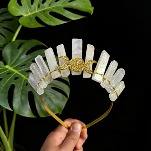 Serre-tête couronne de cristal avec 11 pierres quartz brut et diadème lune triple doré
