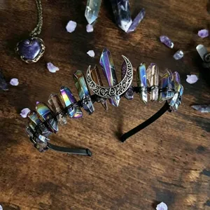 Natural crystal crown headband with iridescent raw stones and crescent moon for women party photo