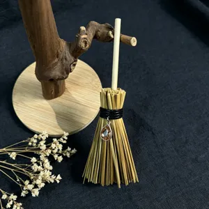 Mini Witch Broom Car Hanging Ornament with Brown Crystal Pendant and Natural Straw Design