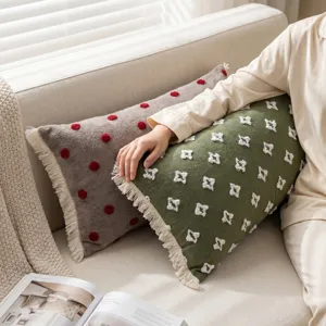 Retro fringe long lumbar pillow cover with polka dot and geometric embroidery for sofa bed decor.