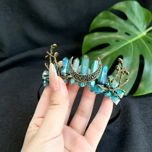 Natural crystal headband with moon and branches, elegant gothic crown hair accessory for women.