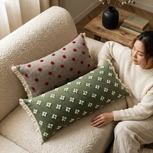 Vintage long lumbar pillow cover with tassels, tufted geometric and pom-pom designs for sofa.