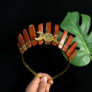 Serre-tête couronne en cristal jaspe rouge diadème déesse triple lune bijoux de cheveux