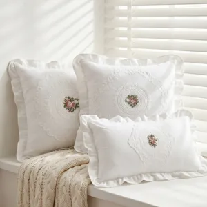 French vintage lace embroidered decorative throw pillow white ruffle accent cushion main view