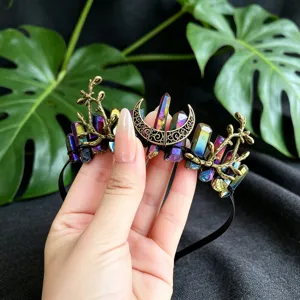 Crystal crescent moon crown headband, exquisite metallic branch details, gothic style hair accessory.