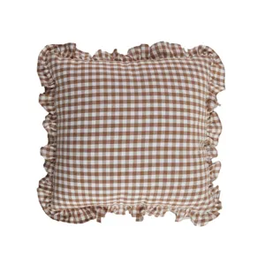 Housse de coussin à carreaux marron et volant, taie d'oreiller carrée en coton vintage.