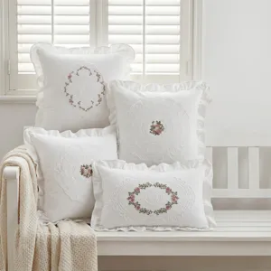French vintage lace embroidered throw pillow white ruffled decorative cushion for bedroom