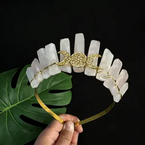 Serre-tête couronne en cristal de quartz rose avec lune triple dorée coiffe gothique pour femmes