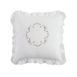 French vintage lace embroidered throw pillow with elegant white ruffles for bedroom sofa decor.