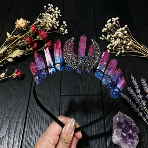 Serre-tête couronne en cristal fait main avec quartz dégradé rose bleu et lune.