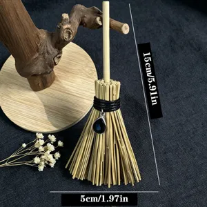 Mini witch broom car hanging ornament with black crystal pendant, wicca mystical charm decor.