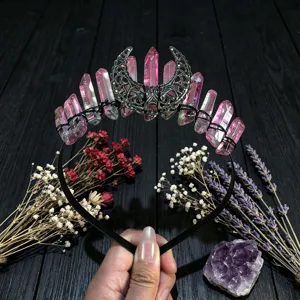 Serre-tête lune en cristal couronne fée gothique quartz rose accessoires cheveux femme accessoires photo
