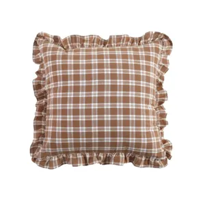 Housse de coussin à carreaux marron à volants style vintage carré pour canapé salon