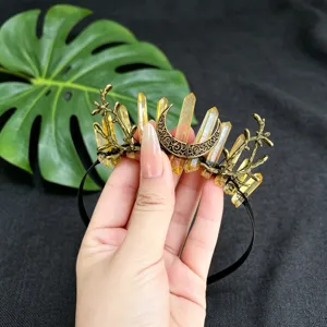 Natural crystal headband with yellow quartz clusters, crescent moon, and branch crown design.